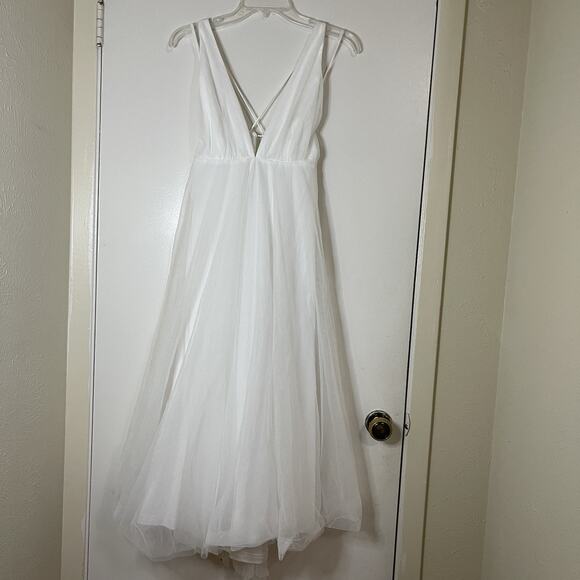 NEW! Selfie Leslie Floating By Plunging Neckline Mesh Overlay Midi Dress White L - Picture 4 of 13